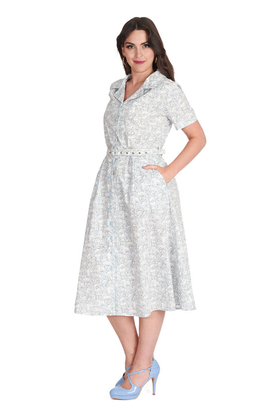 Banned Retro Mieow Shirt Swing Dress with Belt in Light Blue Cat Print