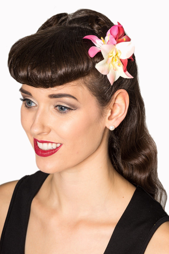 Banned Apparel Tropical Like That Flower Hair Accessory in Pink, Red and Yellow Tones