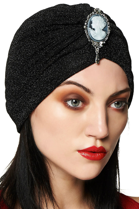 Banned Warlock Turban in Black stretch lurex sparkly 1920s