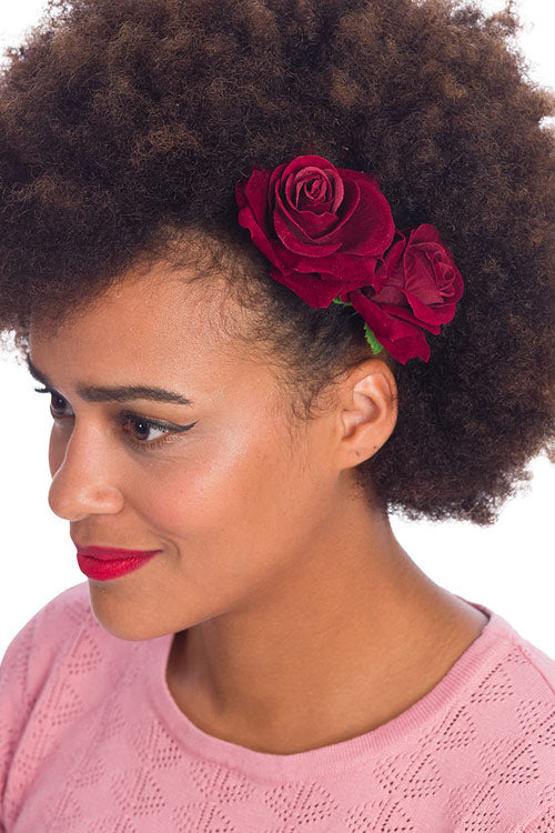 Banned Apparel Be My Valentine Double Velvet Rose Hair Accessory in Blood Red/ Burgundy