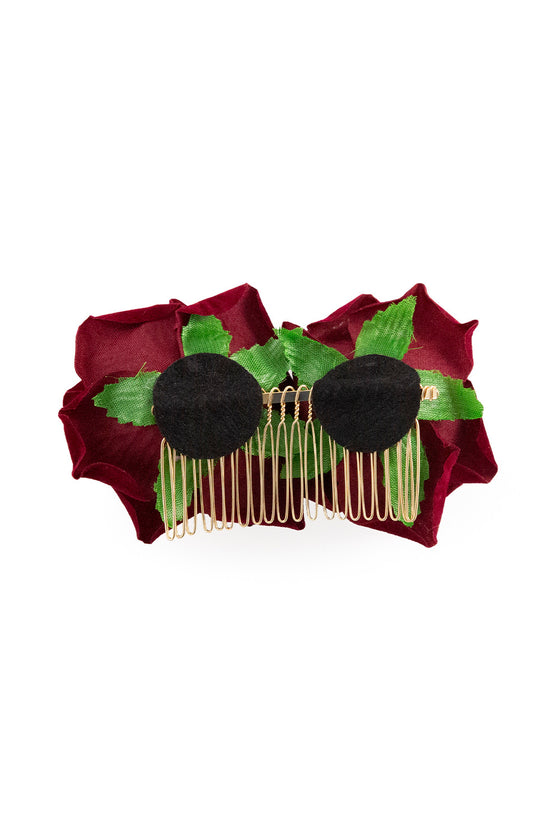 Banned Apparel Be My Valentine Double Velvet Rose Hair Accessory in Blood Red/ Burgundy