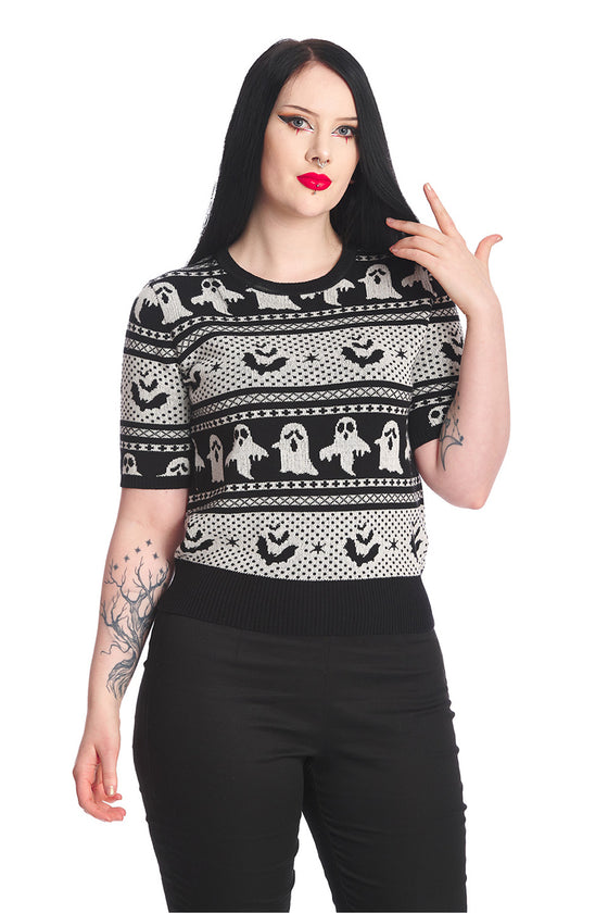 Banned Ghost Delight Top Halloween Black and White Knit Argyle