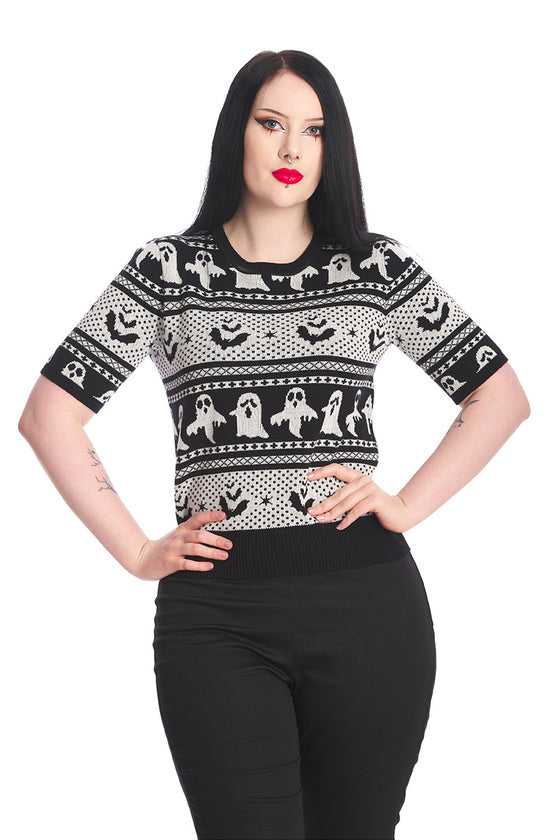 Banned Alternative Ghost Delight Top Jumper Halloween Black and White Knit Argyle