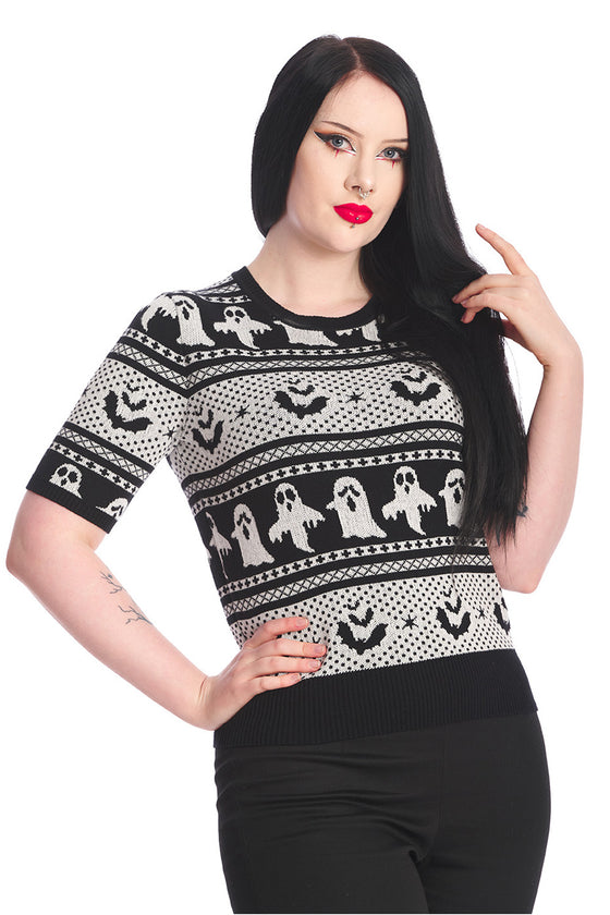 Banned Ghost Delight Top Halloween Black and White Knit Argyle