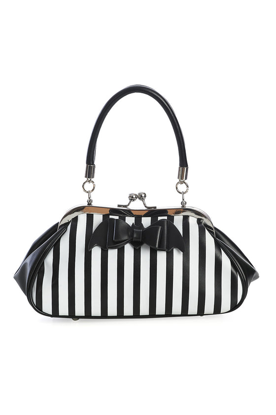 Banned Alternative Night Of Mystery Handbag Purse with Black and White Striped and Bat Bow Detail