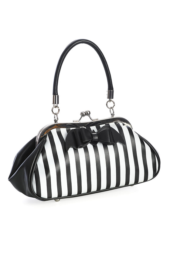 Banned Alternative Night Of Mystery Handbag Purse with Black and White Striped and Bat Bow Detail