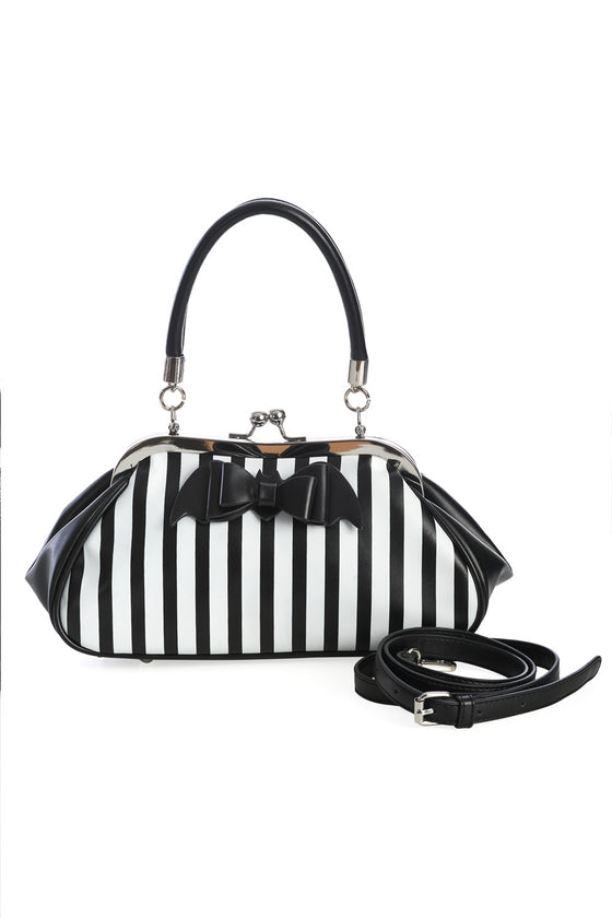 Banned Alternative Night Of Mystery Handbag Purse with Black and White Striped and Bat Bow Detail