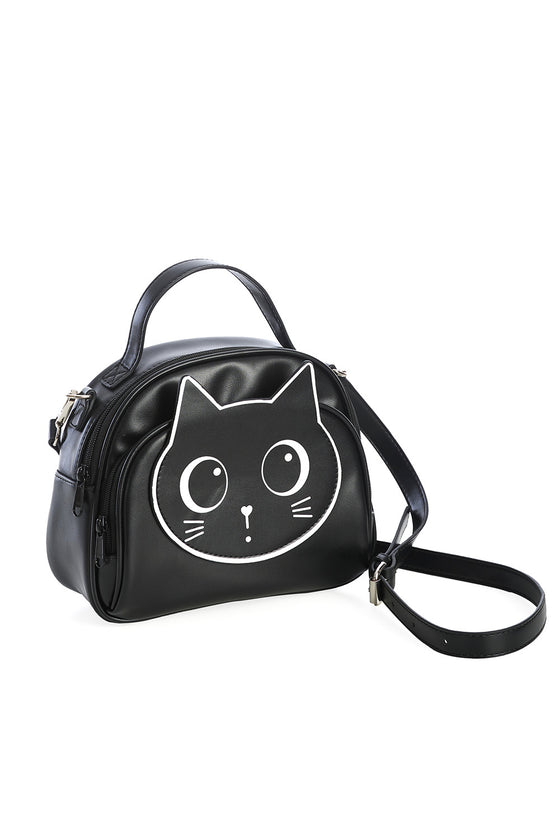 Banned Alternative Haru Cross Body Shoulder Bag in Black with Cat Detailing