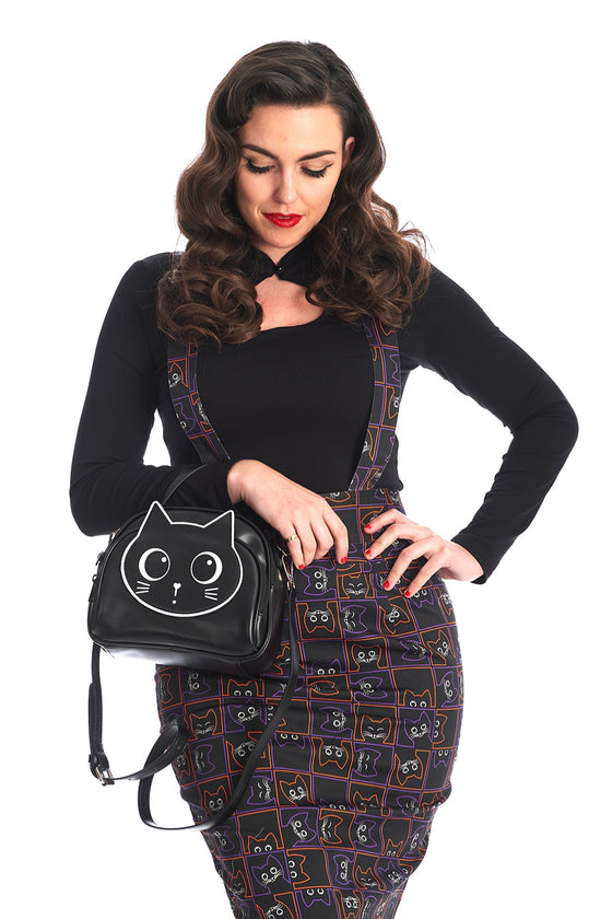 Banned Alternative Haru Cross Body Shoulder Bag in Black with Cat Detailing