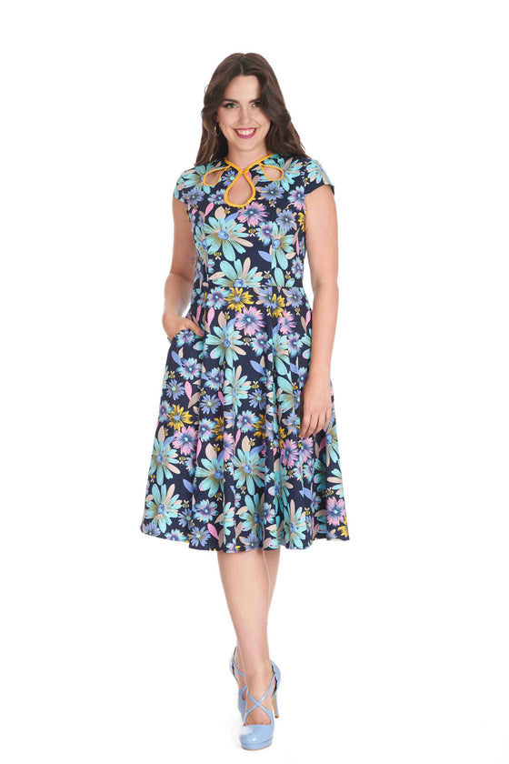 Banned Retro Summer Bee Swing Dress in Navy with Bees and Flowers