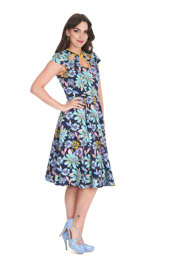 Banned Retro Summer Bee Swing Dress in Navy with Bees and Flowers