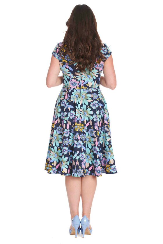 Banned Retro Summer Bee Swing Dress in Navy with Bees and Flowers