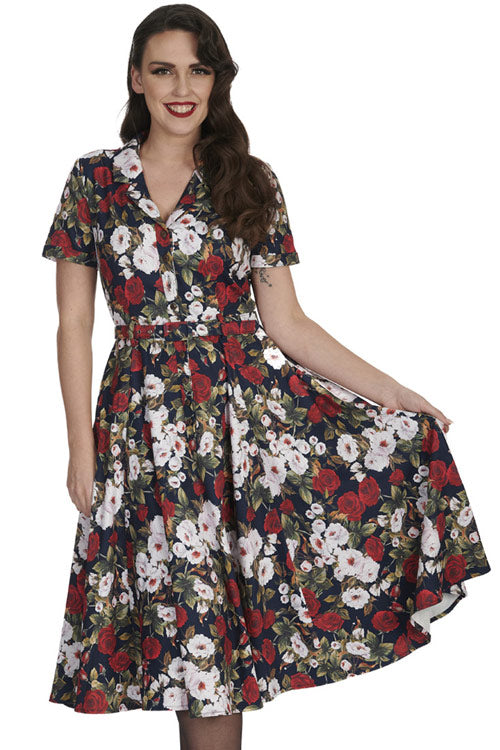 Banned Dark Rose Shirt Swing Dress with Matching Belt in Navy Floral