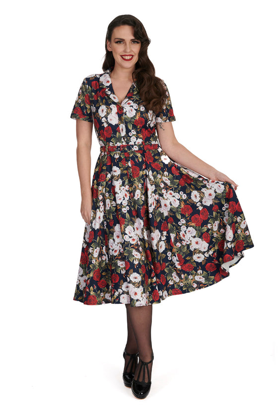 Banned Dark Rose Shirt Swing Dress with Matching Belt in Navy Floral