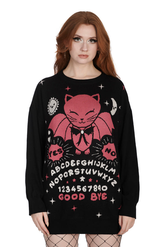 Banned Alternative Ouija Night Bat Cat Jumper in Black and Pink Knitted