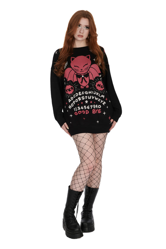 Banned Alternative Ouija Night Bat Cat Jumper in Black and Pink Knitted