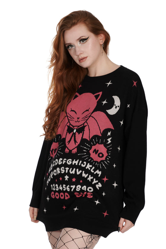 Banned Alternative Ouija Night Bat Cat Jumper in Black and Pink Knitted