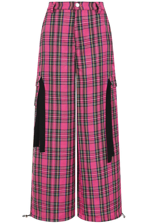 Banned Alternative Time Bomb Wide Leg Trousers in Pink Tartan