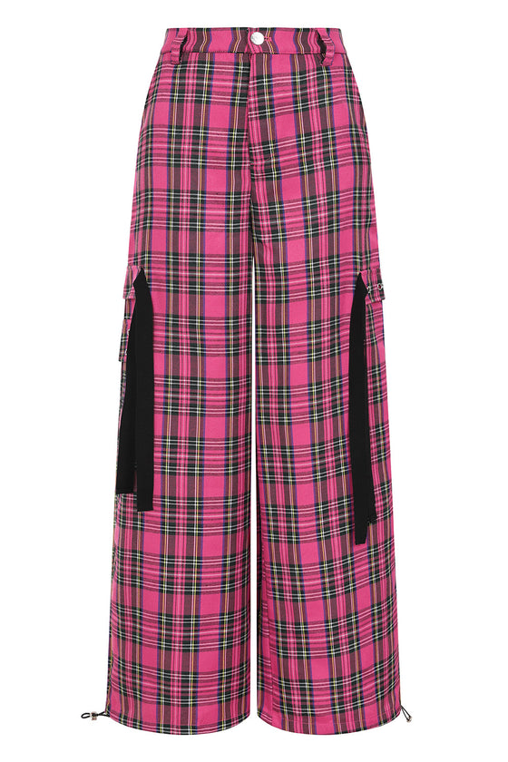 Banned Time Bomb Wide Leg Trousers in Pink Tartan