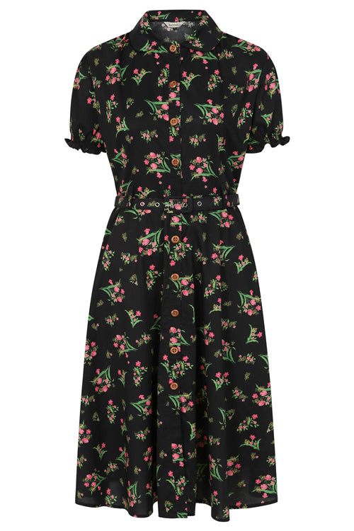 Banned Retro Star Jules Shirt Flare Dress with Matching Belt in Black Floral