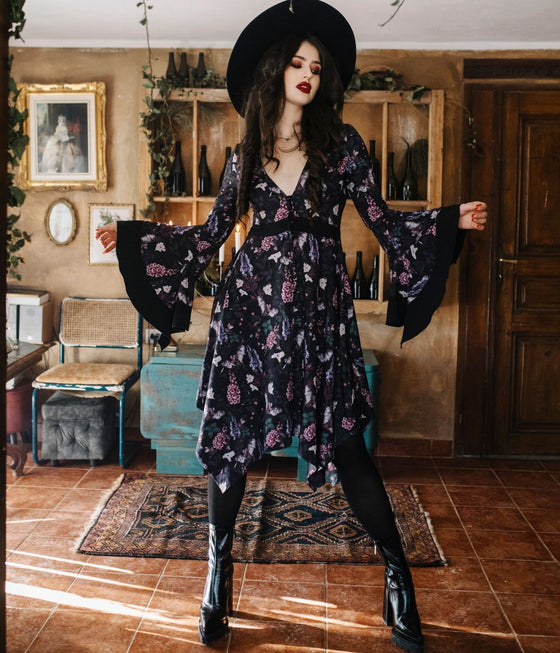 Killstar Ianthe Maxi Dress Floaty Floral Cottagecore with Bats