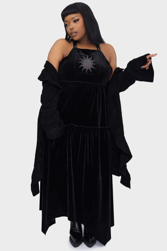 Killstar Ascended Maxi Pinafore Dress Black Tiered Velvet Higher Being Range