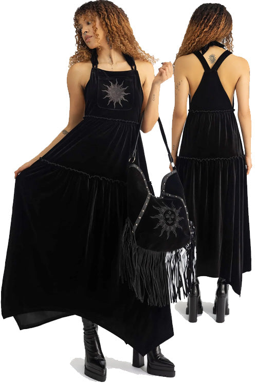 Killstar Ascended Maxi Pinafore Dress Black Tiered Velvet Higher Being Range