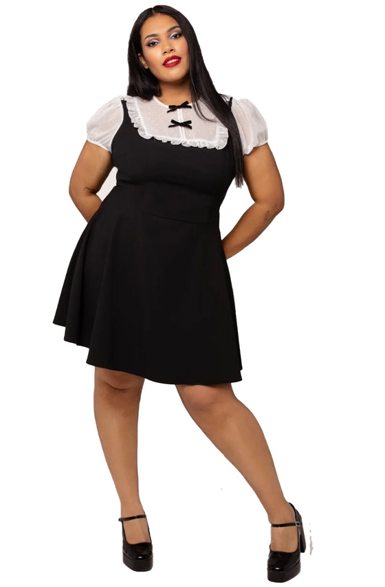 Hell Bunny Alice Mini Dress Black with White Mesh Detailing