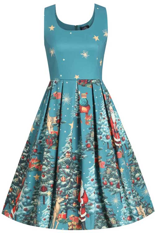 Dolly & Dotty Amanda Dress in Santa is Back in Town Teal Blue Print