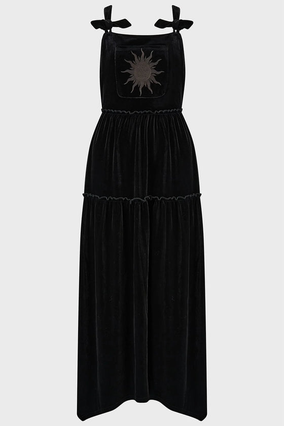 Killstar Ascended Maxi Pinafore Dress Black Tiered Velvet Higher Being Range