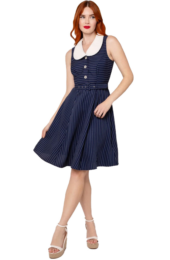 Hell Bunny Costello Knee Dress Navy Pinstripe