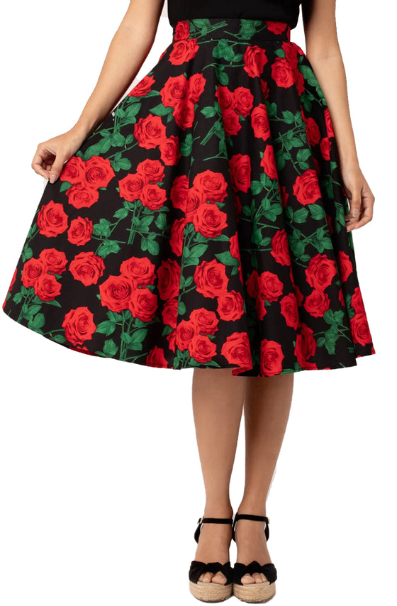 Hell Bunny Dolce Vita Skirt Red Roses on Black