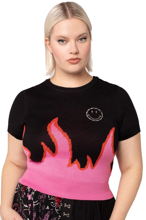 Hell Bunny Dylan Top Knitted with Flame Design Smiley Collab