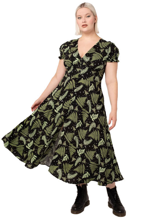 Hell Bunny Gaia Midi Dress Foliage Moths Stars Moon Print