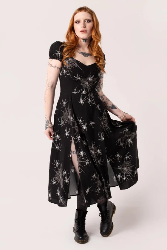 Hell Bunny Grungy Spider Maxi Dress Spider and Web Print