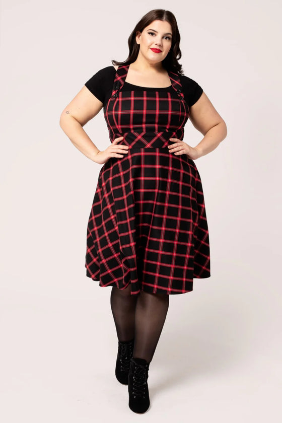 Hell Bunny Janine Pinafore Dress in Black and Red Tartan