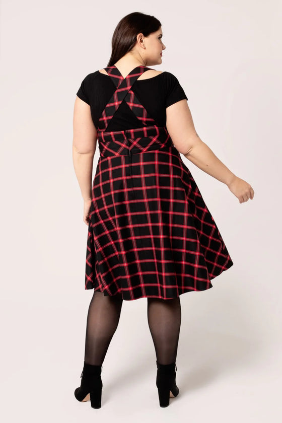 Hell Bunny Janine Pinafore Dress in Black and Red Tartan