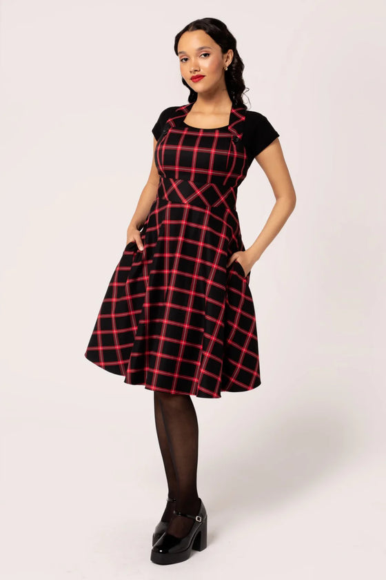 Hell Bunny Janine Pinafore Dress in Black and Red Tartan