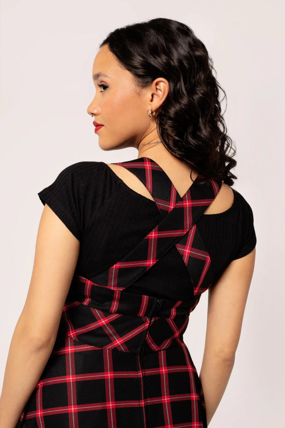 Hell Bunny Janine Pinafore Dress in Black and Red Tartan