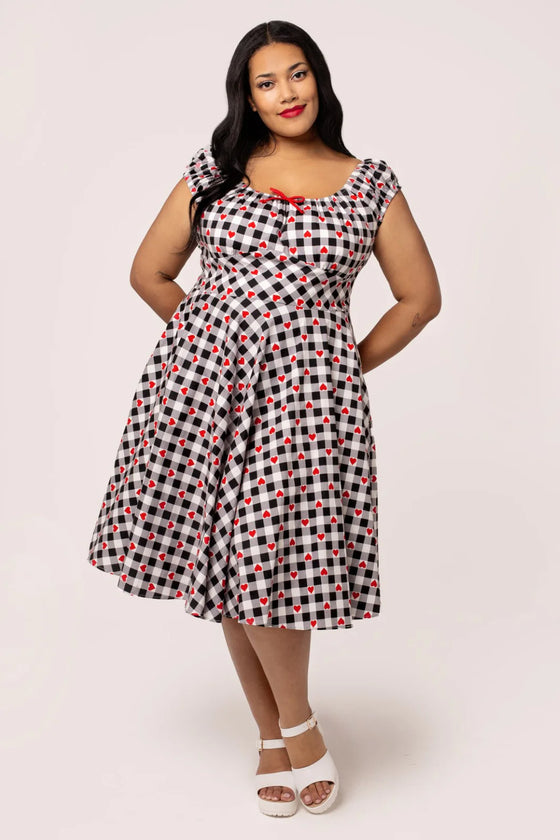 Hell Bunny Leonie Midi Dress Black and White Gingham with Red Hearts - PRE-ORDER estimated dispatch 17 January 2025