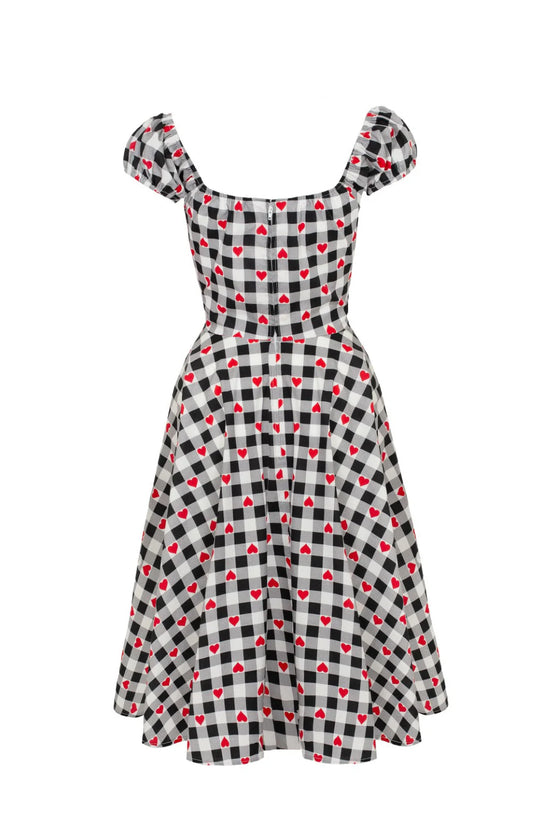 Hell Bunny Leonie Midi Dress Black and White Gingham with Red Hearts - PRE-ORDER estimated dispatch 17 January 2025