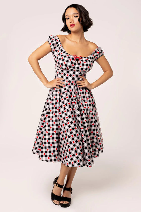 Hell Bunny Leonie Midi Dress Black and White Gingham with Red Hearts - PRE-ORDER estimated dispatch 17 January 2025