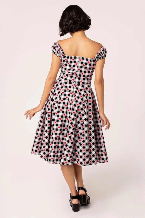 Hell Bunny Leonie Midi Dress Black and White Gingham with Red Hearts - PRE-ORDER estimated dispatch 17 January 2025