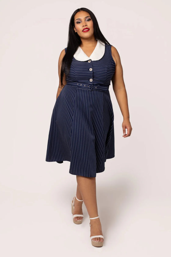 Hell Bunny Costello Knee Dress Navy Pinstripe