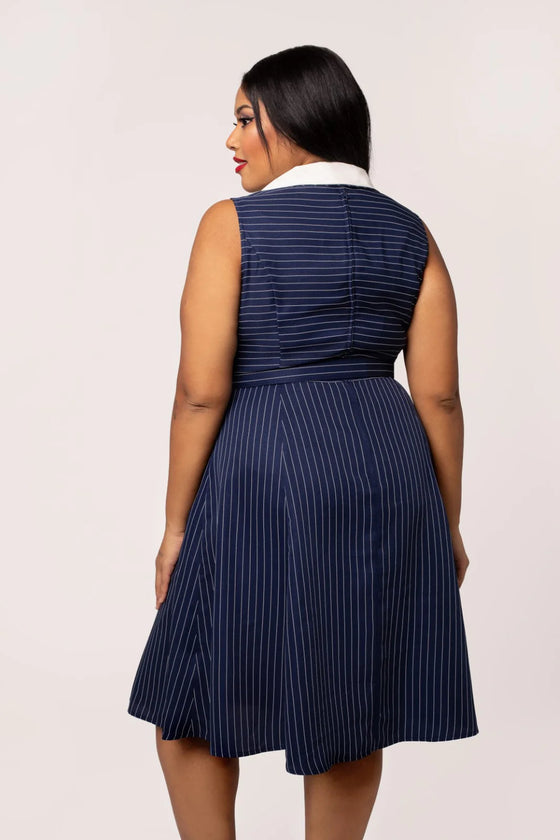 Hell Bunny Costello Knee Dress Navy Pinstripe