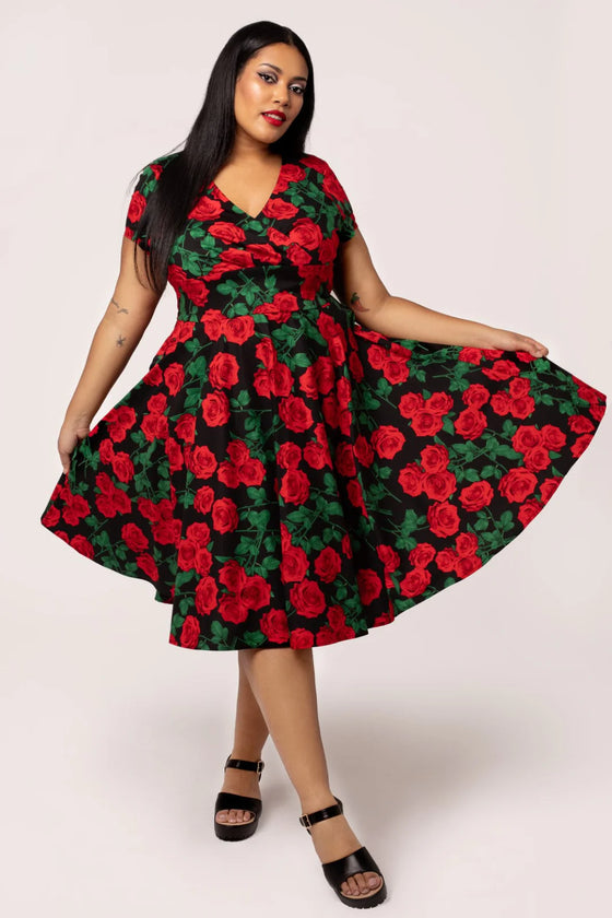 Hell Bunny Dolce Vita 50s Dress Red Roses on Black