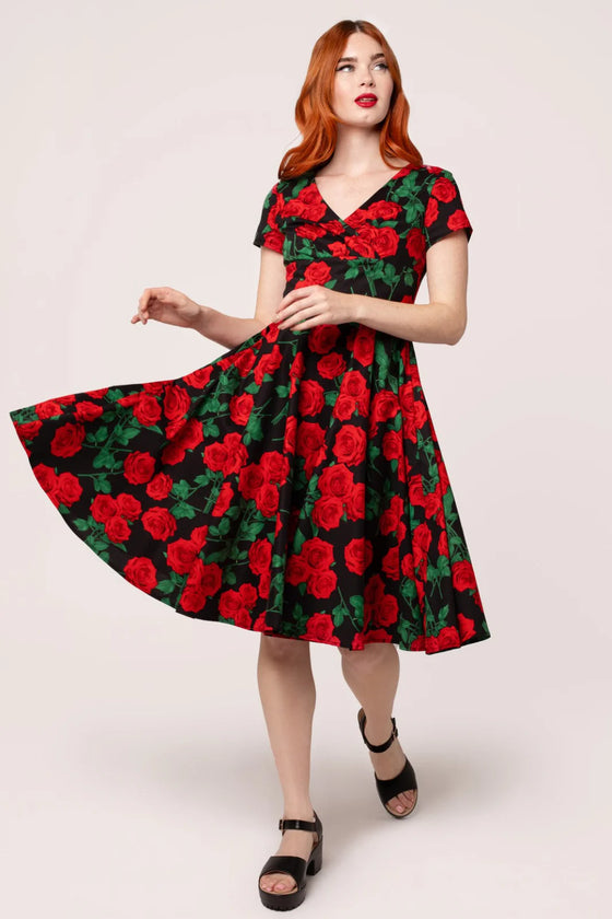 Hell Bunny Dolce Vita 50s Dress Red Roses on Black