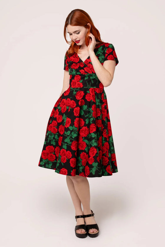 Hell Bunny Dolce Vita 50s Dress Red Roses on Black