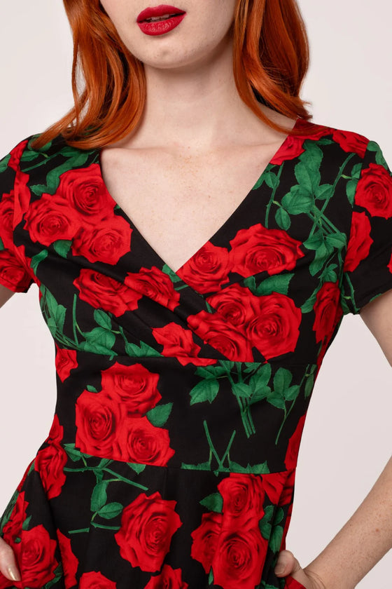 Hell Bunny Dolce Vita 50s Dress Red Roses on Black