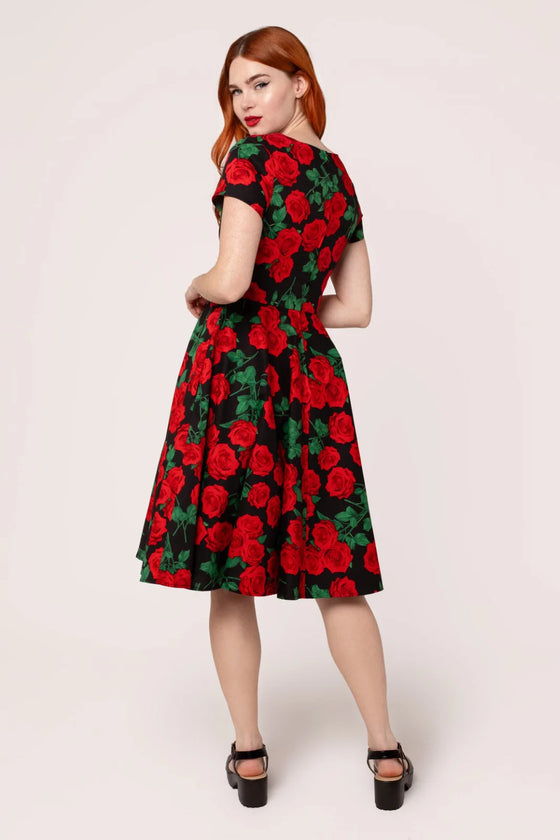 Hell Bunny Dolce Vita 50s Dress Red Roses on Black